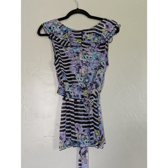 IZ Byer Blouse Junior Large‎ Y2K Floral Stripes Sheer Sleeveless Ruffle Feminine - Picture 2 of 7